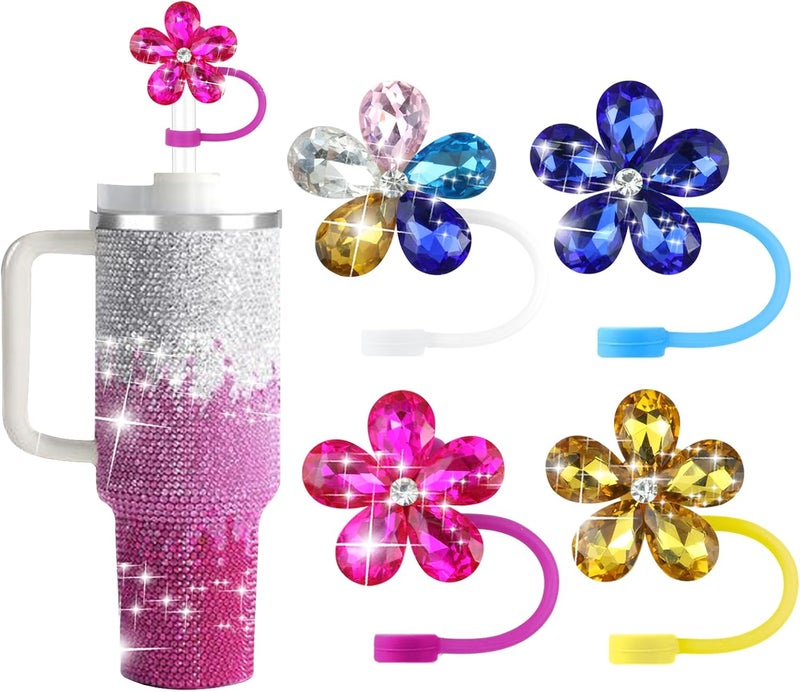 SEMATA 4PCS Cute Flower Straw Cover Cap for Stanley Cup Accessories,Bling Crystals Straw Toppers for Stanley Tumbler 40&30 oz,Rhinestone Reusable Straws Tips Protectors Compatible with 10mm Straws - Image 1